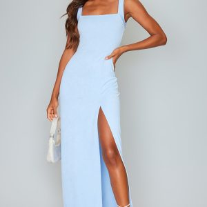 Light Blue Straight Neck Maxi Dress