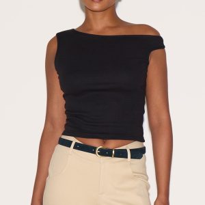 Black Ribbed Asymmetric Detail Vest Top