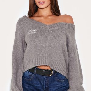 Grey Soft Knit Embroidered Slouchy Cropped Jumper