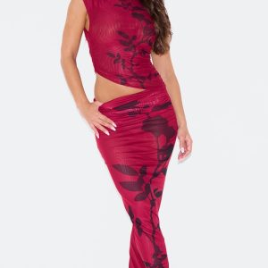 Burgundy Flower Printed Mesh Ruched Low Rise Maxi Skirt