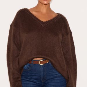 Plus Chocolate Slouchy V Neck Eyelash Knit Jumper
