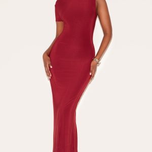 Wine Double Layer Slinky Knot Shoulder Cap Sleeve Maxi Dress