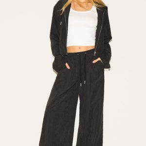 Black Peach Skin Woven Wide Leg Trousers
