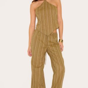 Khaki Pinstripe Tie Waist Cotton Trousers
