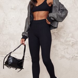 Black Knitted Split Hem Flare Trousers