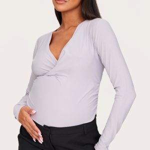 Maternity Light Grey Soft Touch Ruched Long Sleeve Longline Top