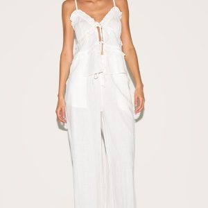 White Textured Mid Rise Wide Leg Trousers