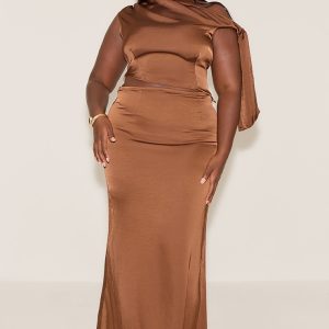 Plus Chocolate Mid Rise Satin Maxi Skirt
