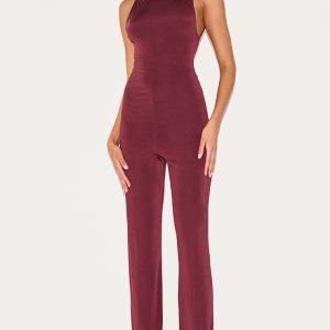 Wine Double Layer Slinky Low Back Strappy Wide Leg Jumpsuit