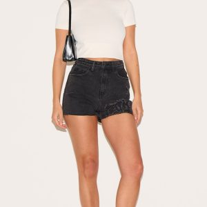 PRETTYLITTLETHING Washed Black Ripped Denim Mom Shorts