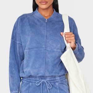 Blue Washed Seam Detail Zip Up Bomber Style Sweatshirt