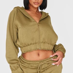 Shape Olive Distressed Elasticated Waistband Cropped Hoodie