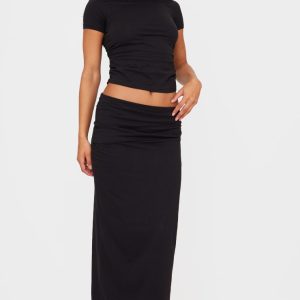 Black Foldover Cotton Maxi Skirt