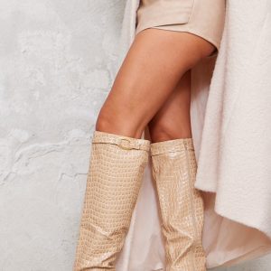 Cream Croc PU Point Toe Ring Detail Knee High Heeled Boots