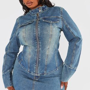 Plus Vintage Wash Zip Up Fitted Denim Jacket