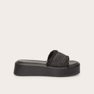 Black Raffia Fake Stack Round Toe Flatform Sandals