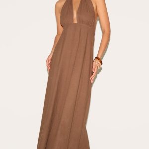Taupe Plunge Halterneck Maxi Dress