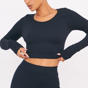 Black Structured Contour Ribbed Round Neck Long Sleeve Crop Top
