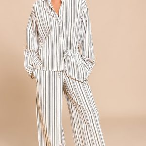 Khaki Striped Mid Rise Wide Leg Trousers