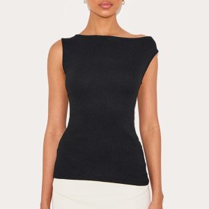Black Textured Rib Bardot Long Top