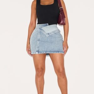 Shape Washed Blue Denim Foldover Waist Mini Skirt