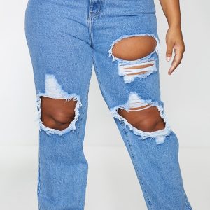 PRETTYLITTLETHING Plus Mid Blue Ripped Straight Leg Jeans