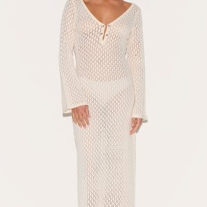 Petite Cream Knit V Neck Maxi Dress