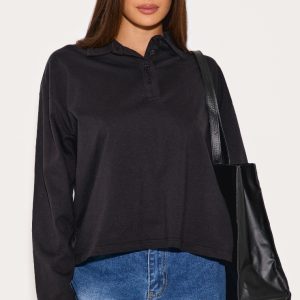 Black Cotton Collar Detail Long Sleeve Top
