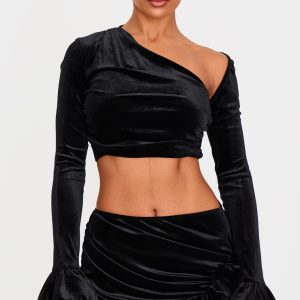 Black Velvet Puff Sleeve Cropped Top