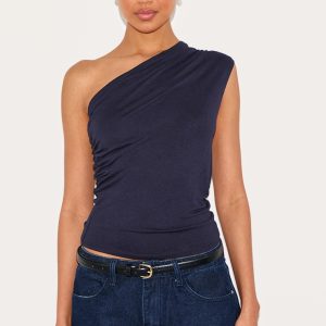 Navy Soft Cotton Asymmetric One Shoulder Long Top