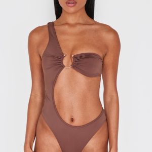 Chocolate Cut Out Trim One Shoulder Swimsuit