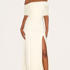 Cream Double Layer Slinky Bardot One Shoulder Ruched Maxi Dress
