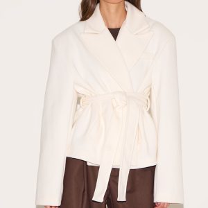 Cream Tie Waist Wool Look Single Breasted Tie Up Blazer