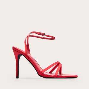 Red Satin Round Toe Cross Over Strap Barely There Heeled Sandals