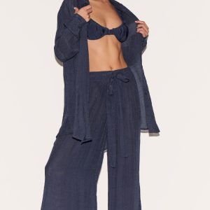 Navy Linen Look Palazzo Beach Trousers