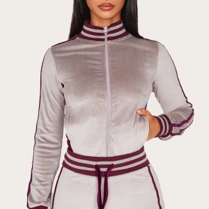 Petite Mauve Contrast Velour Fitted Longline Zip Up Jacket