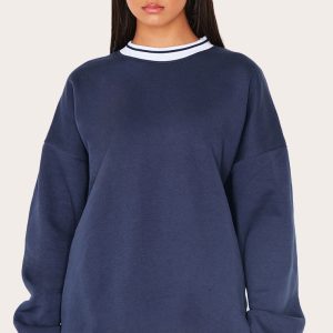 Navy Striped Ribbed Hem Oversized Sweatshirt