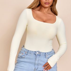Shape Butter Cream Built In Bra Sculpt Square Neck Long Sleeve Bodysuit