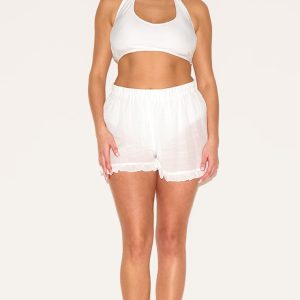 Plus White Frill Edge Textured Shorts