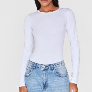 Basic White Cotton Blend Crew Neck Bodysuit
