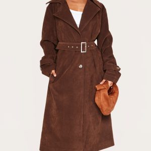 Petite Chocolate Faux Suede Belted Trench Coat