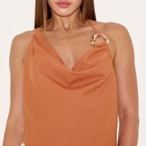 Tall Orange Woven Trim Detail Asymmetric Top