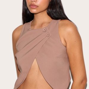 Tall Taupe Asymmetric Button Detail Waistcoat
