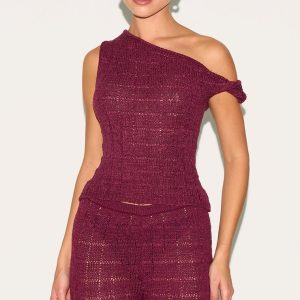 Wine Textured Filigree Knit Twist Neck Vest Top