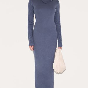 Navy Rib Oversized Collar Maxi Dress