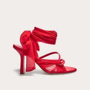 Red Satin Round Toe Lace Up Ribbon High Heeled Sandals