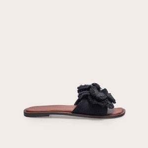 Black Linen Round Toe Flower Strap Mule Sandals