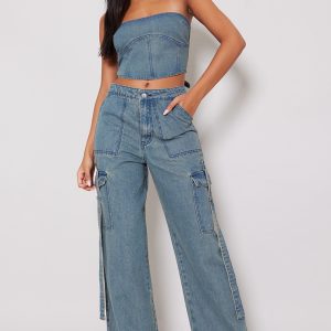 Tall Indigo Vintage Wash Mid Rise Denim Wide Leg Cargo Jeans