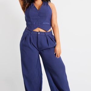 Plus Dark Indigo Denim Contrast Tailored Wide Leg Trousers