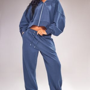 Navy Premium Oversized Pintuck Wide Leg Joggers